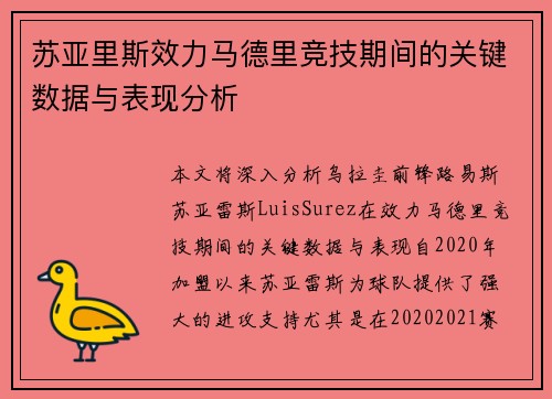 苏亚里斯效力马德里竞技期间的关键数据与表现分析